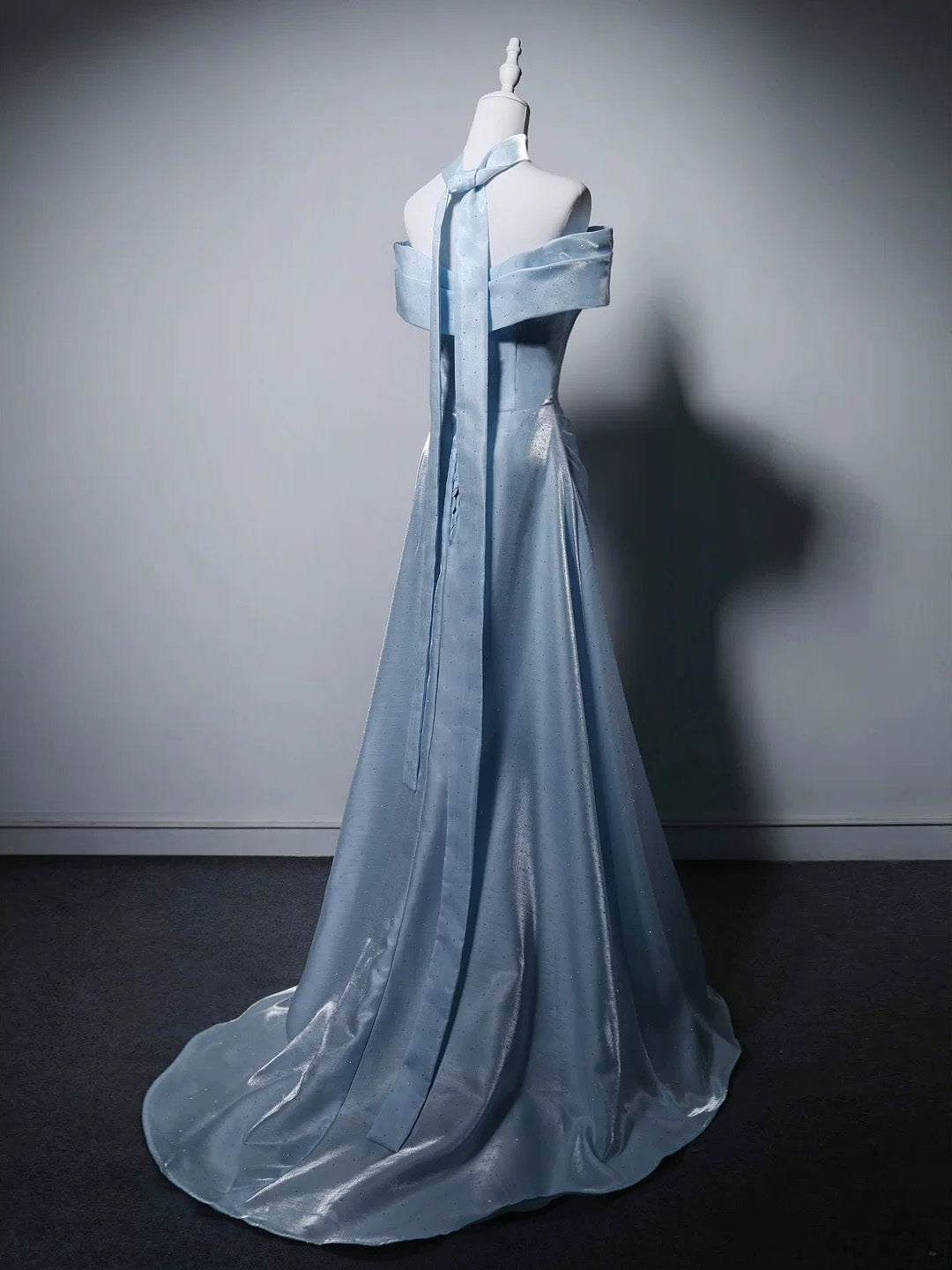 A-Line Off Shoulder Sweep Train Blue Prom Dress with Lace Applique