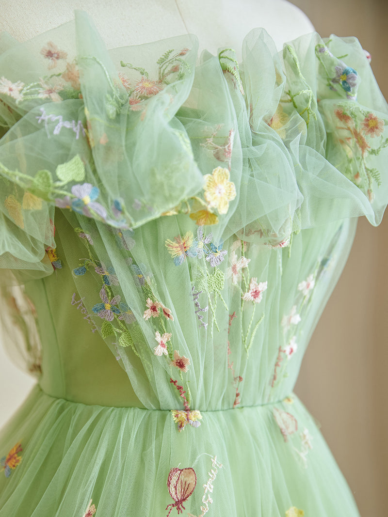 A-Line Off Shoulder Tulle Lace Green Long Prom Dress, Green Lace Long Formal Dress US 10 / Green A-Line Off Shoulder Tulle Lace Green Long Prom Dress, Green Lace Long Formal Dress US 10 / Green