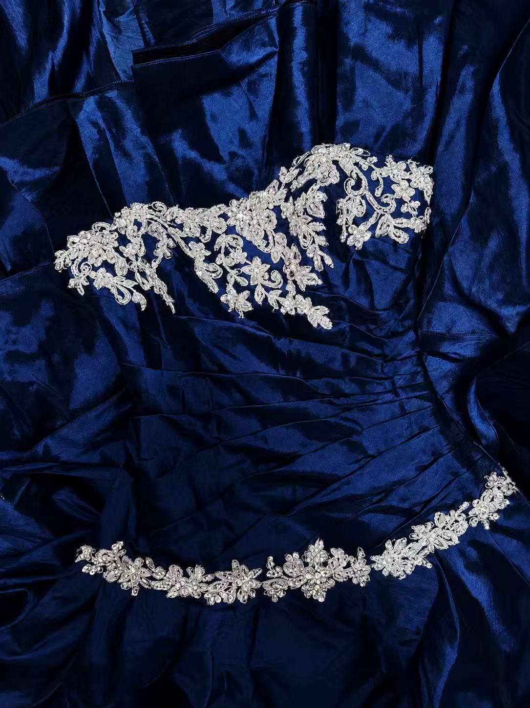Retro Sweetheart Taffeta Ruffles Dark Blue Long Prom Gown with Lace Applique