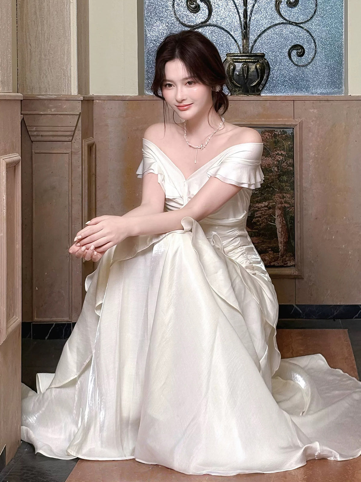 A-line Off Shoulder Off Shoulder Floor Length Light Champagne Prom Dress