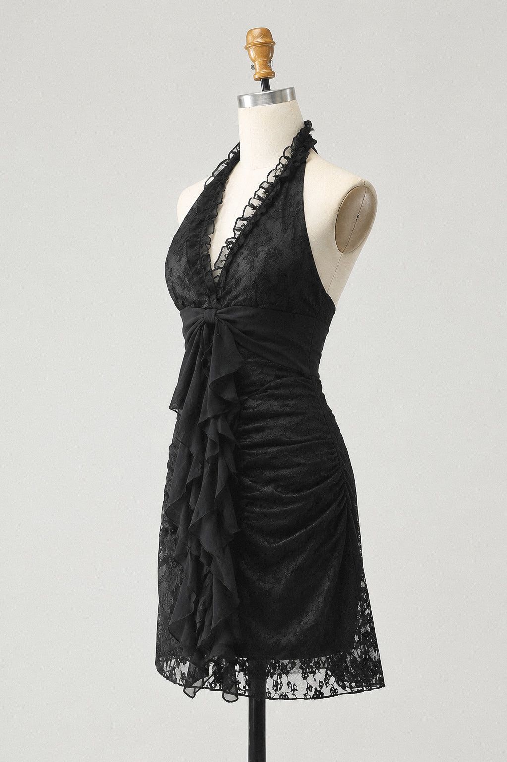 Black V Neck Lace Chiffon Short Prom Dress, Black Homecoming Dress