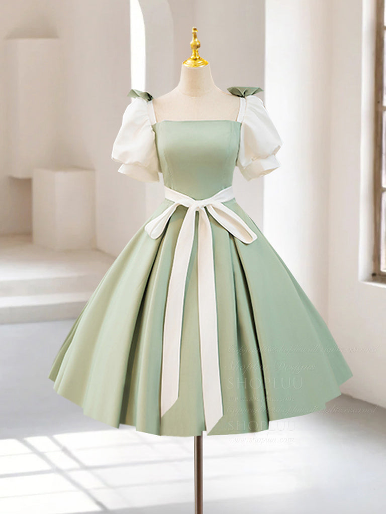 A-Line Puff Sleeves Satin Green Short Prom Dress, Cute Homecoming Dres – shopluu