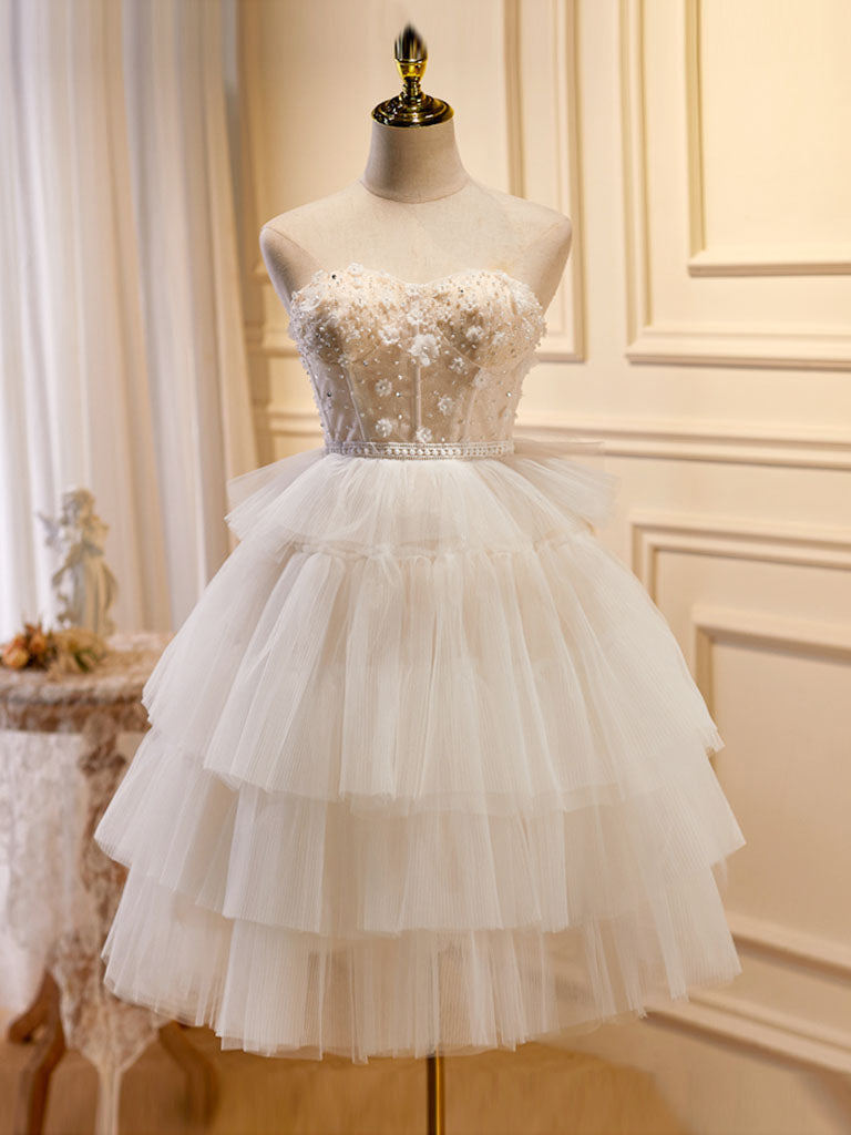 White Tulle 3D Floral Lace A-Line Tiered Homecoming Dress White / 8 White Tulle 3D Floral Lace A-Line Tiered Homecoming Dress White / 8