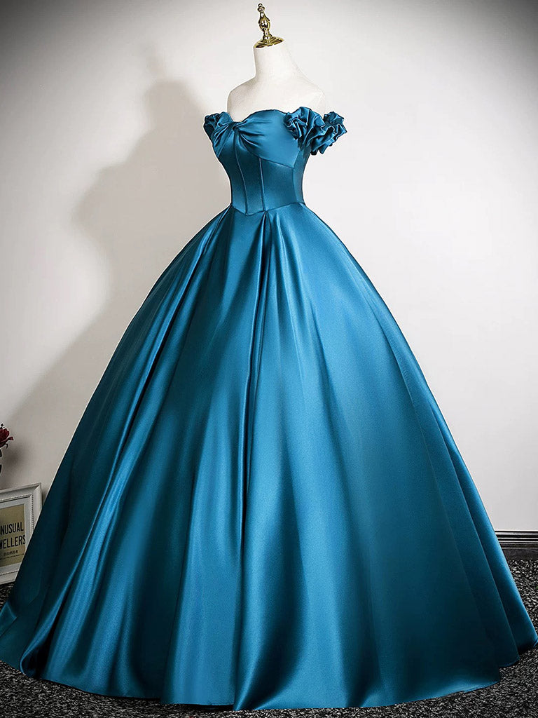 A-Line Sweetheart Neck Off Shoulder Satin Floor Length Blue Long Evening Dress