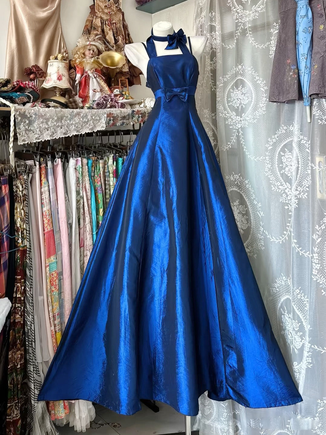 A-line Floor Length Satin Blue Long Prom Dress