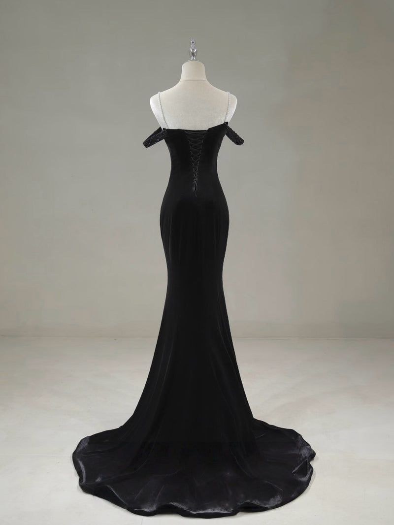 Mermaid Off Shoulder Velvet Sweep Train Black Prom Dress with Beads   shopluu