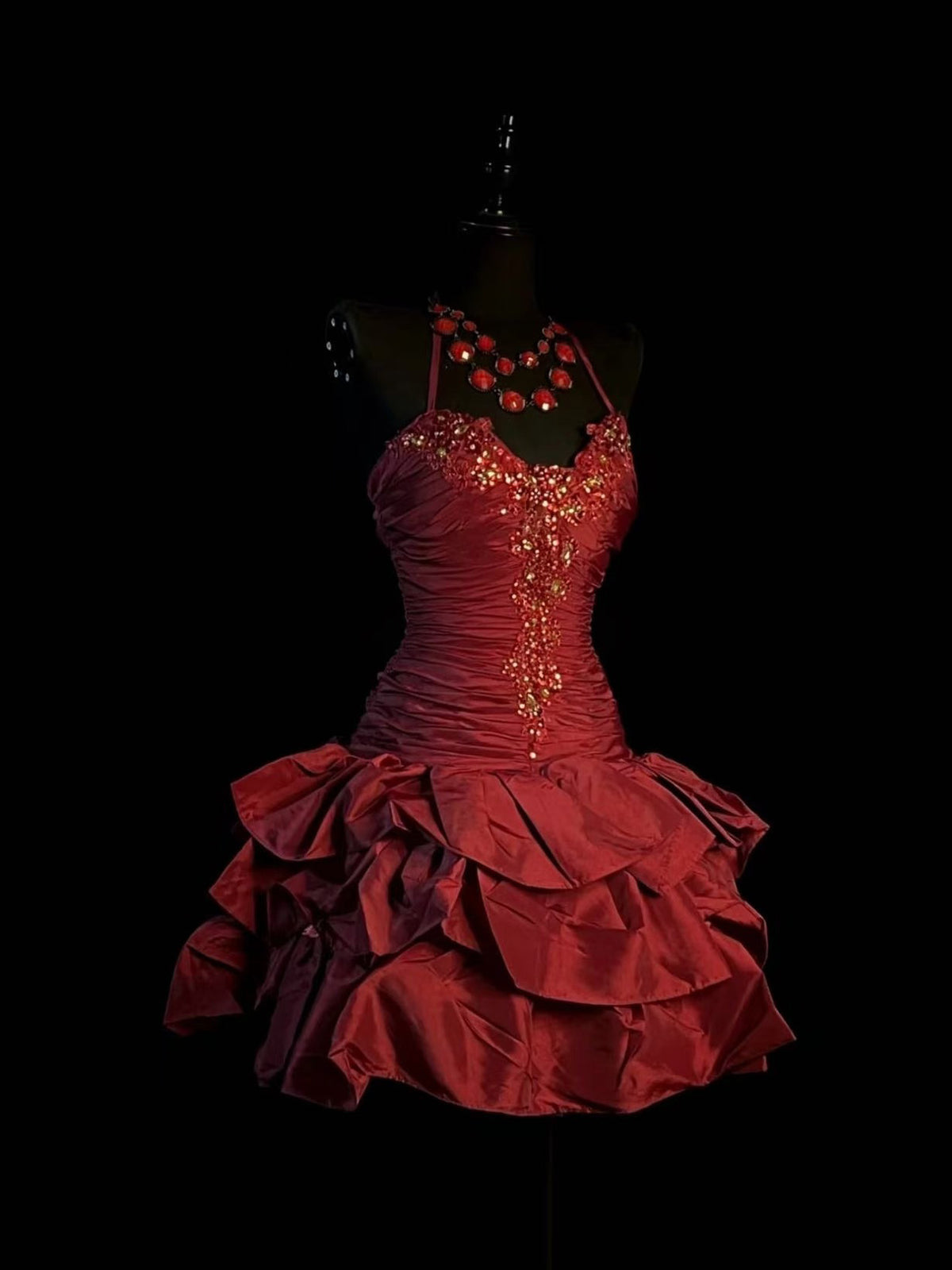 Burgundy Halter Ruched Lace Applique Tiered Ruffle Short Prom Dress