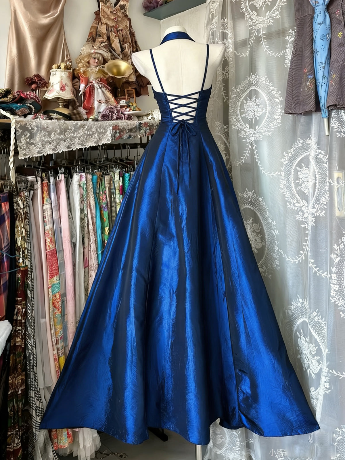 A-line Floor Length Satin Blue Long Prom Dress