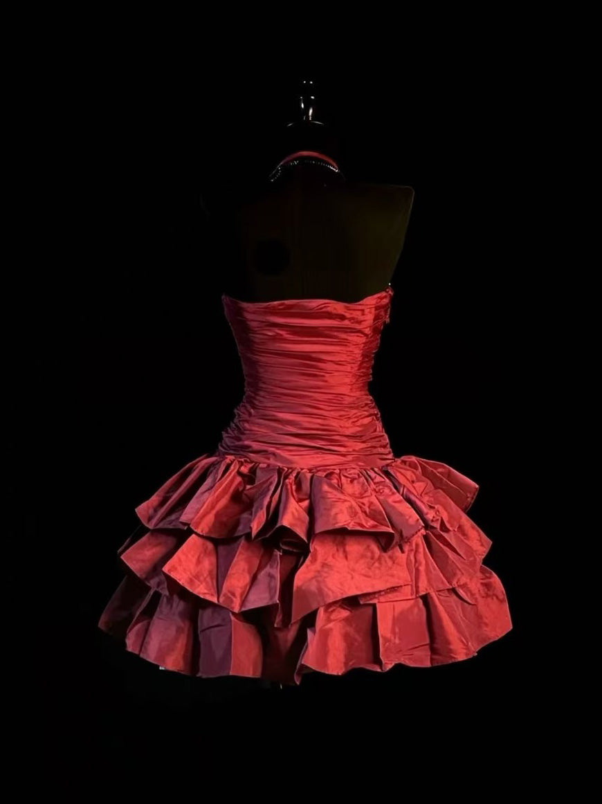 Burgundy Halter Ruched Lace Applique Tiered Ruffle Short Prom Dress