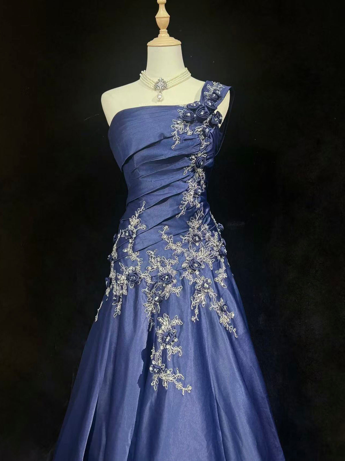 A-line One Shoulder Satin Lace Applique Dark Blue Long Prom Dress with Flower
