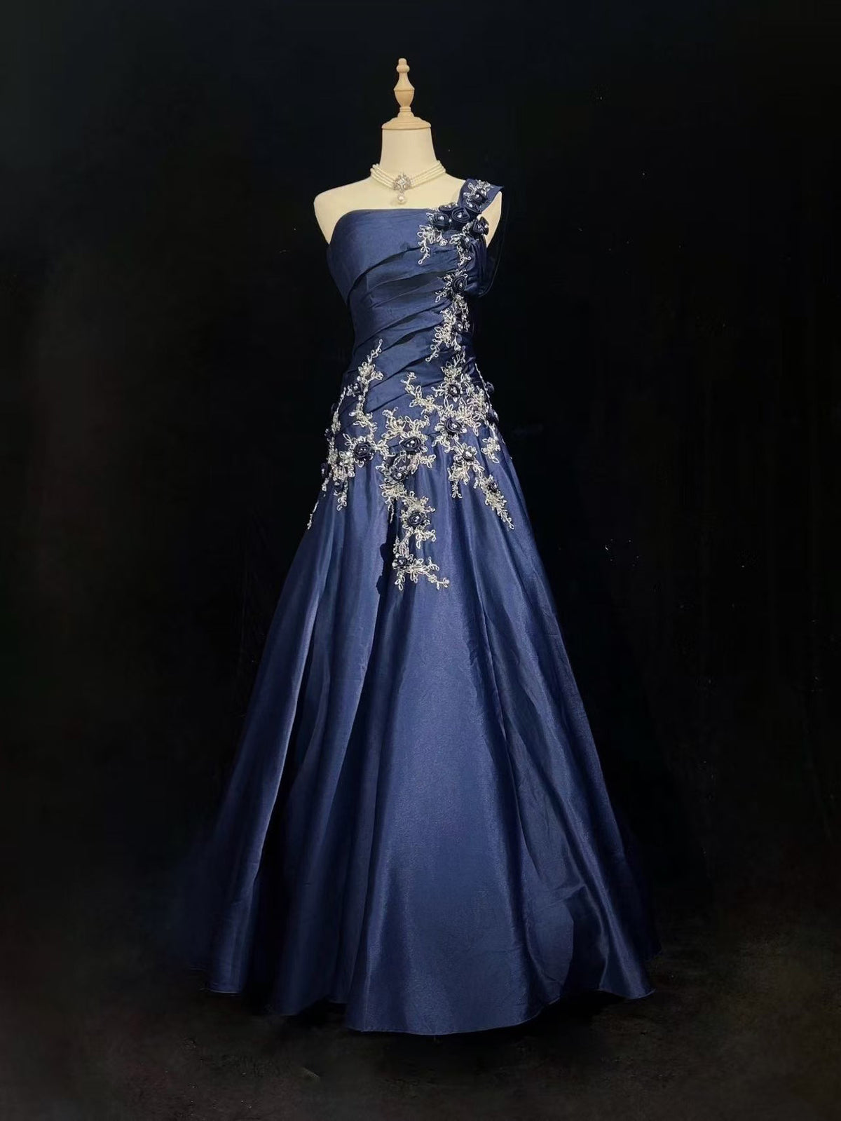 A-line One Shoulder Satin Lace Applique Dark Blue Long Prom Dress with Flower