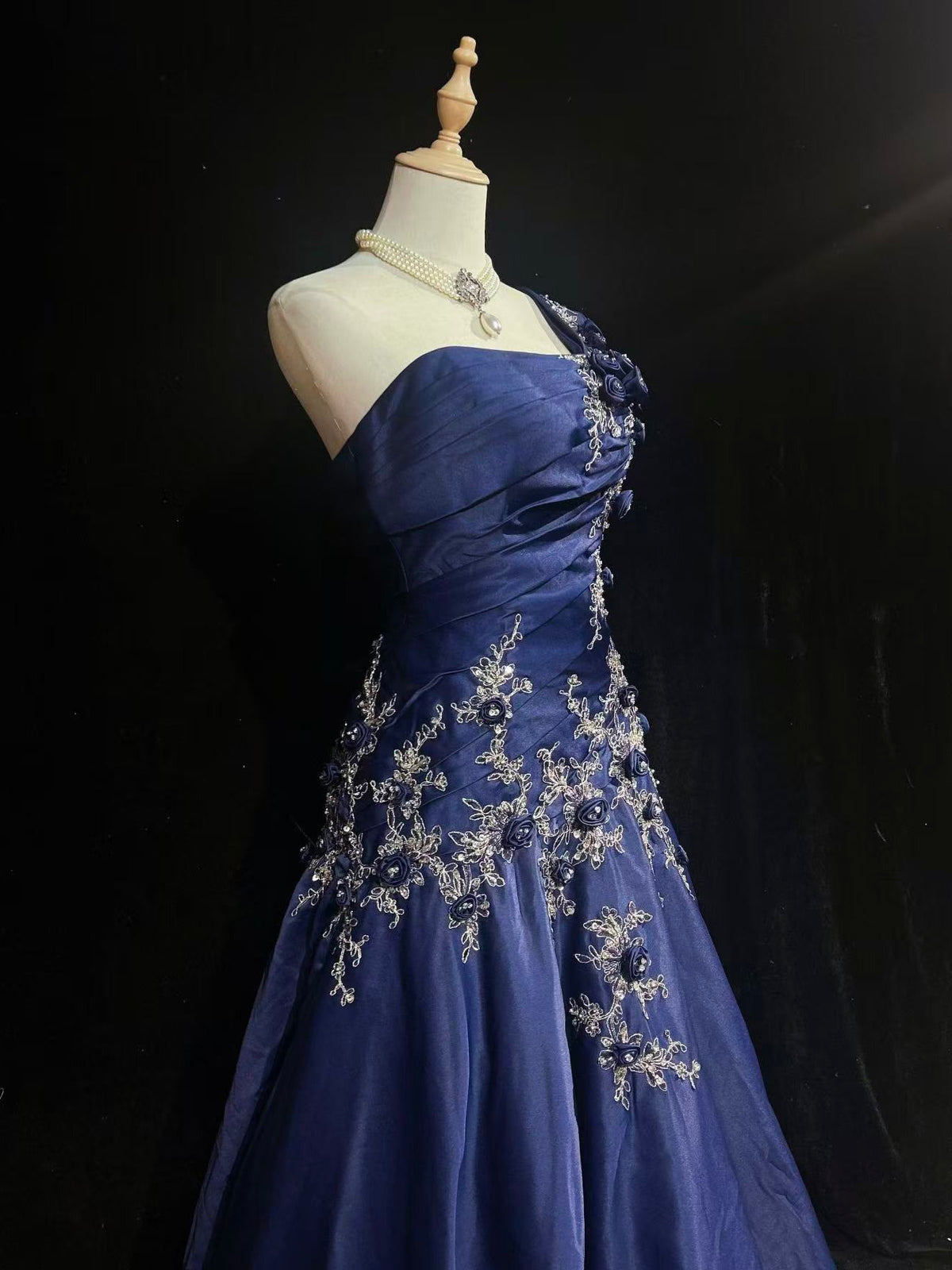 A-line One Shoulder Satin Lace Applique Dark Blue Long Prom Dress with Flower