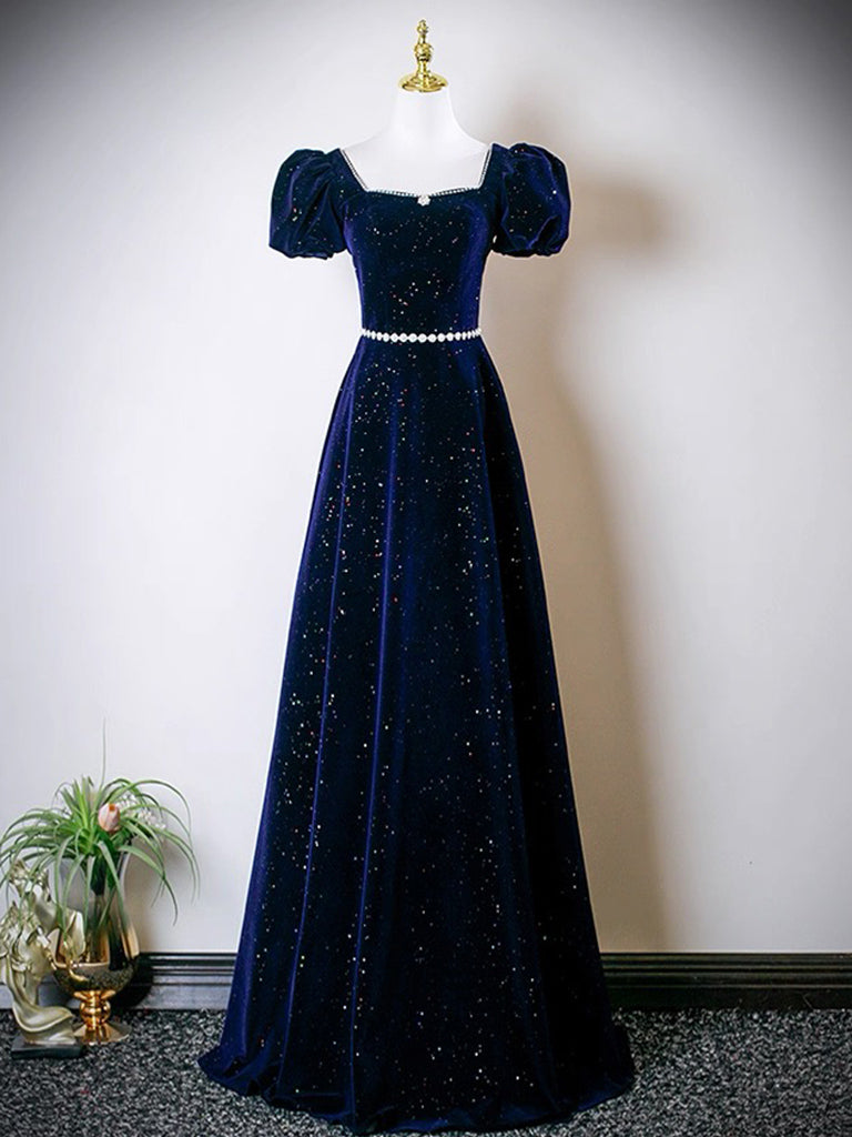 A-Line Puff Sleeves Floor Length Velvet Prom Dress With Beads