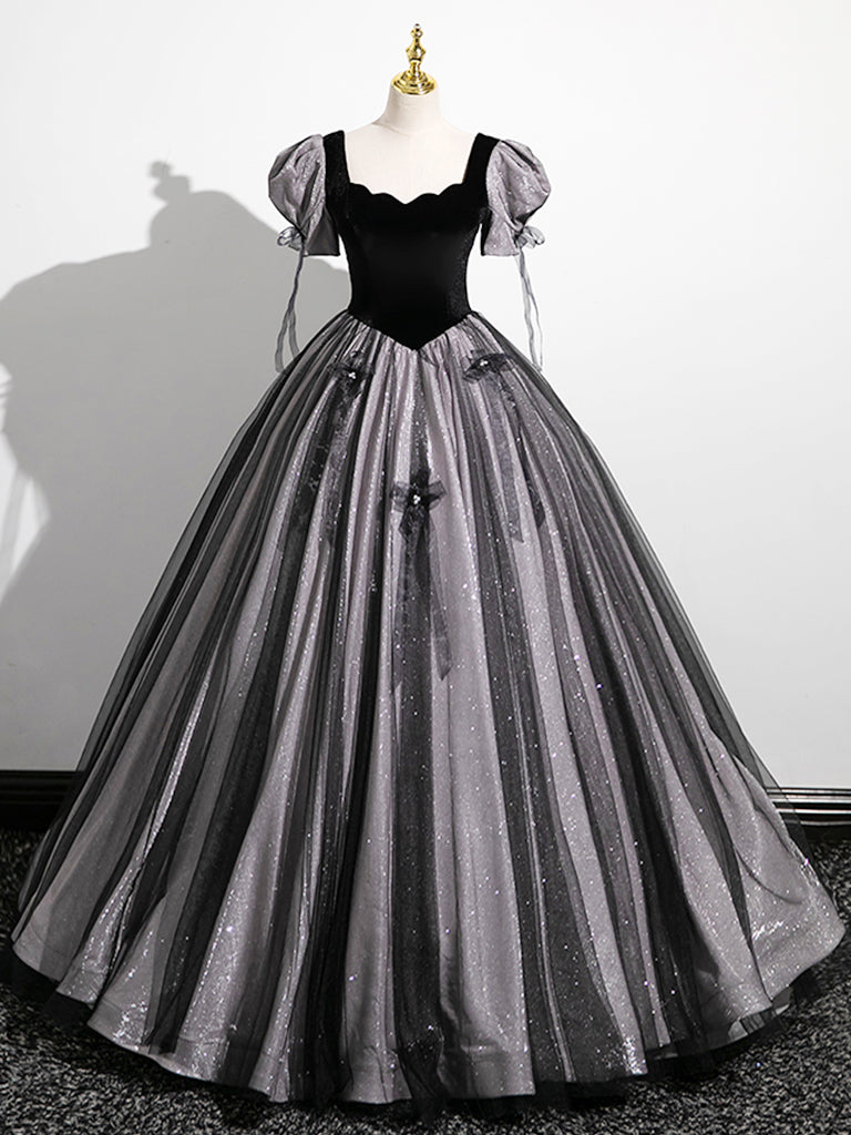 A-Line Puff Sleeves Black Long Prom Dress, Black Sweet 16 Dress Custom Size / Custom Color A-Line Puff Sleeves Black Long Prom Dress, Black Sweet 16 Dress Custom Size / Custom Color