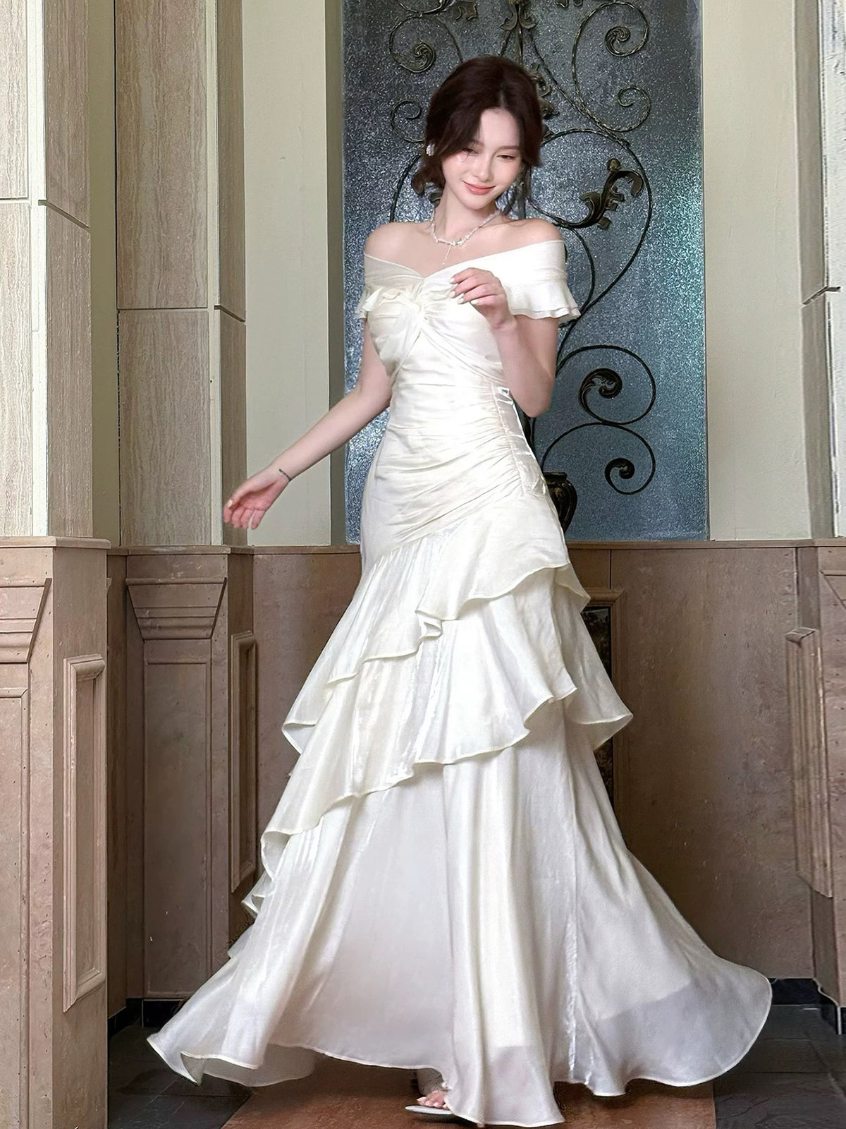 A-line Off Shoulder Off Shoulder Floor Length Light Champagne Prom Dress