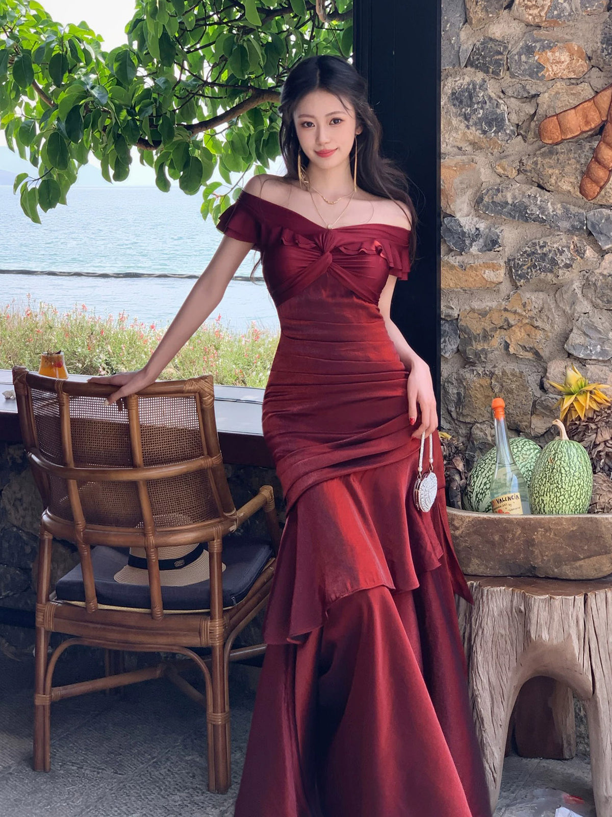 Mermaid Off Shoulder Silk Floor Length Burgundy Prom Dress, Burgundy Party Dress