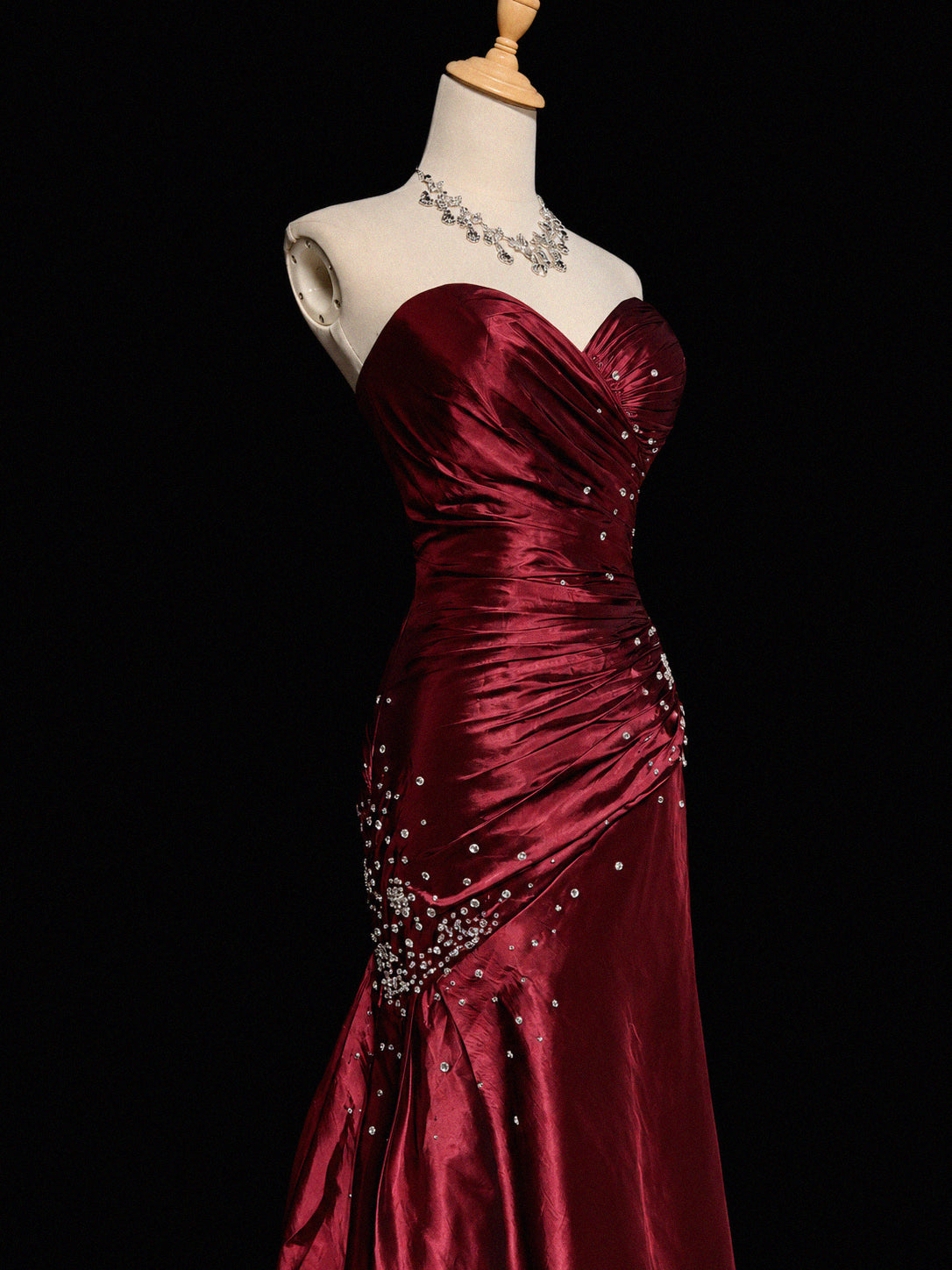 Mermaid Sweetheart Taffeta Sequin Burgundy Long Prom Dress with Beads
