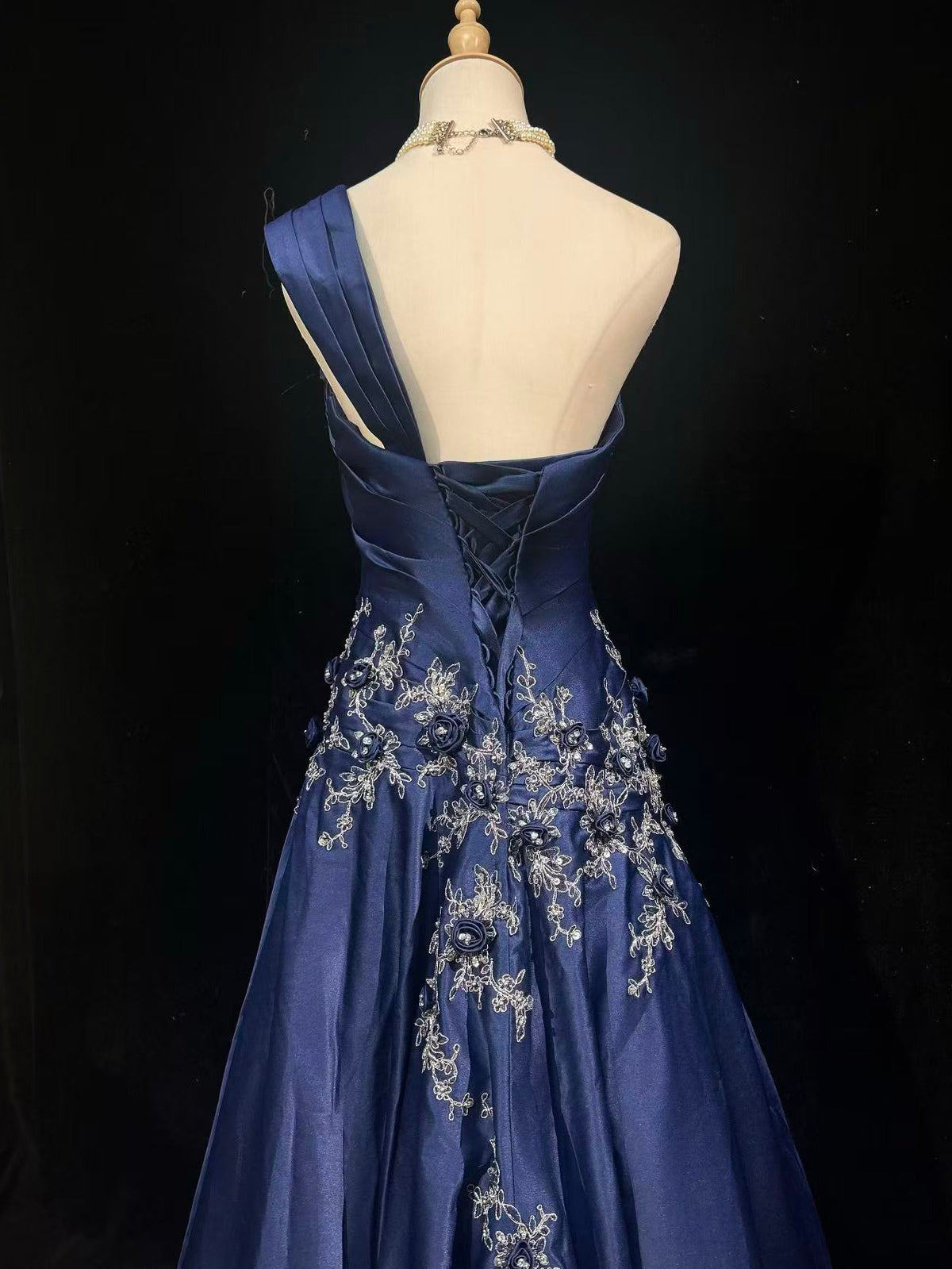 A-line One Shoulder Satin Lace Applique Dark Blue Long Prom Dress with Flower