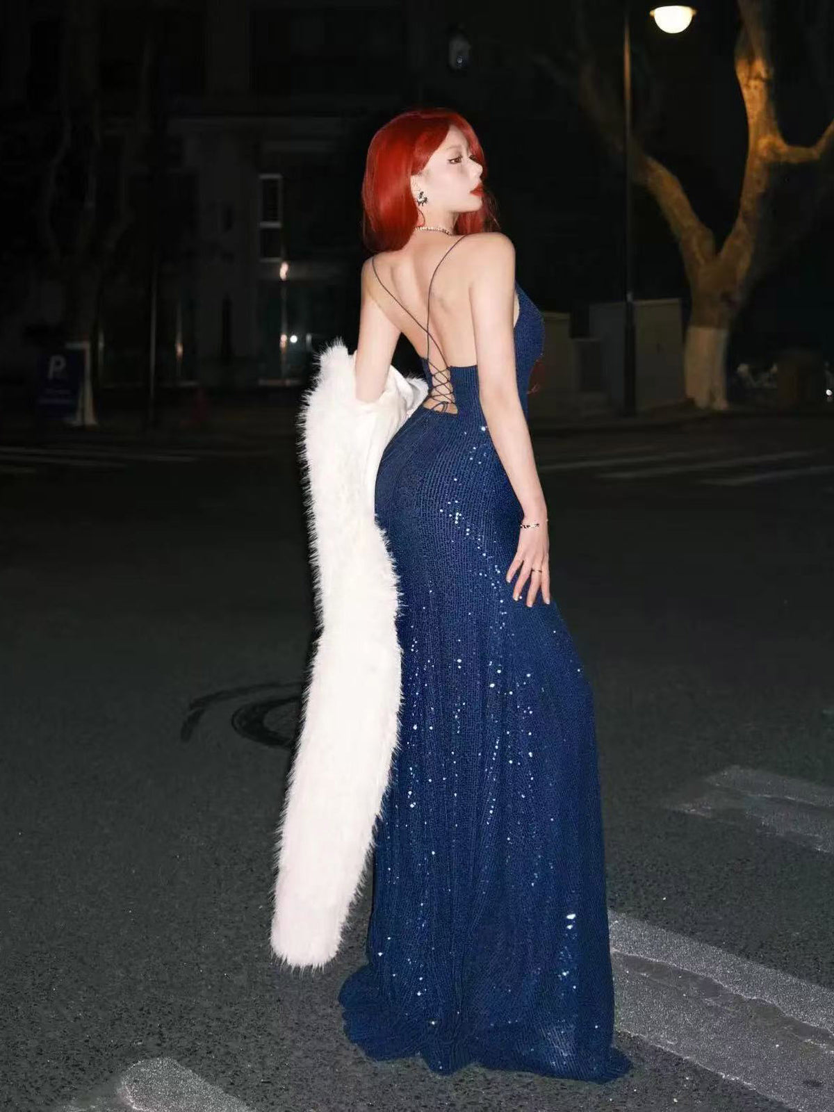 Mermaid V Neck Sequin Dark Blue Long Prom Dress, Blue Party Dress