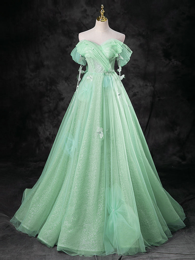 Green A-Line Off Shoulder Tulle Long Prom Dress, Green Long Formal Dre shopluu Green A-Line Off Shoulder Tulle Long Prom Dress, Green Long Formal Dre shopluu