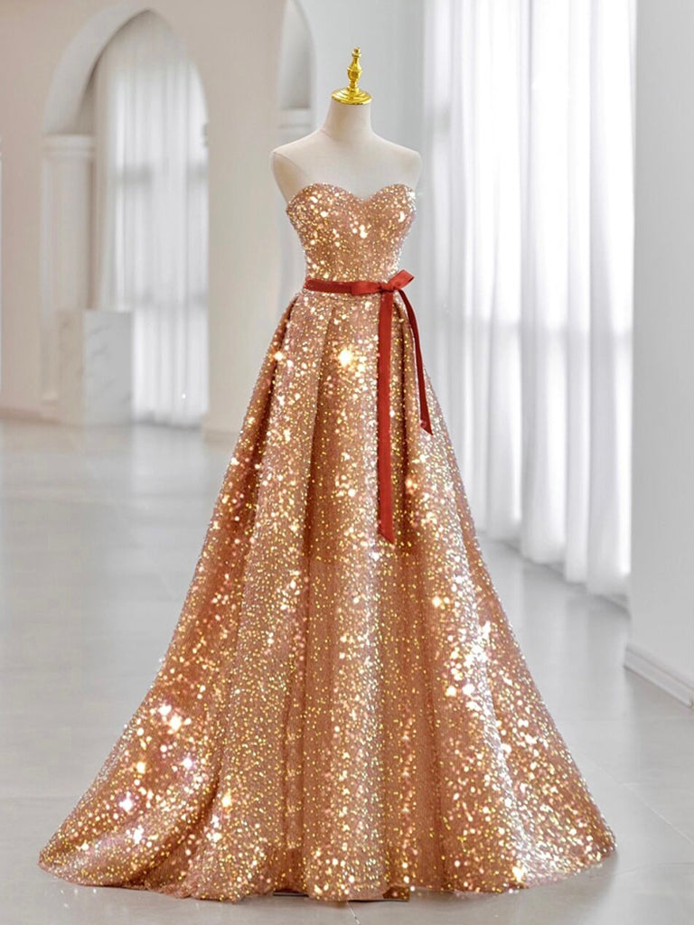 A-Line Sweetheart Neck Velvet Sequin Champagne Gold Long Prom Dress shopluu A-Line Sweetheart Neck Velvet Sequin Champagne Gold Long Prom Dress shopluu