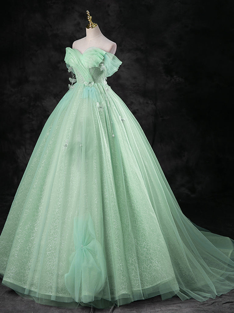 Green A-Line Off Shoulder Tulle Long Prom Dress, Green Long Formal Dress US 10 / Custom Color Green A-Line Off Shoulder Tulle Long Prom Dress, Green Long Formal Dress US 10 / Custom Color