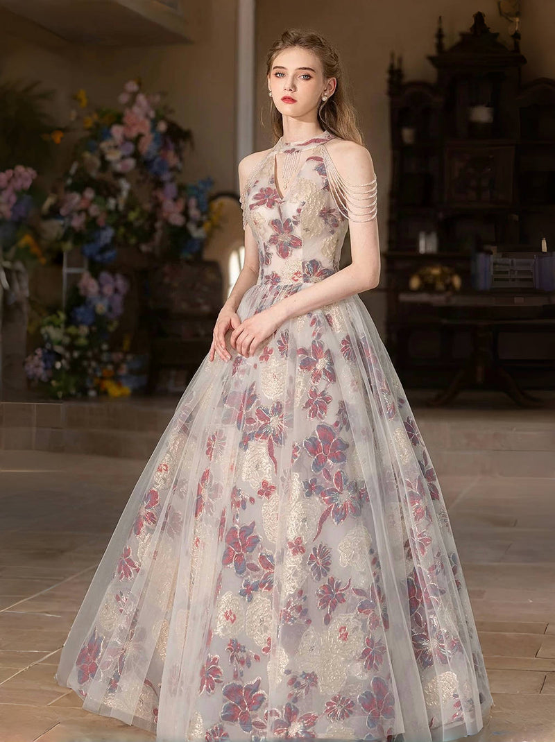 Cute Floral Print Long Prom Dress, Beautiful A-Line Halter Evening Party Dress US 8 / Floral Cute Floral Print Long Prom Dress, Beautiful A-Line Halter Evening Party Dress US 8 / Floral