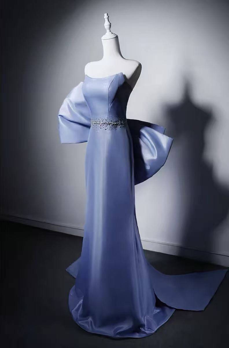 Mermaid Satin Beads Blue Long Prom Dress with Bow
