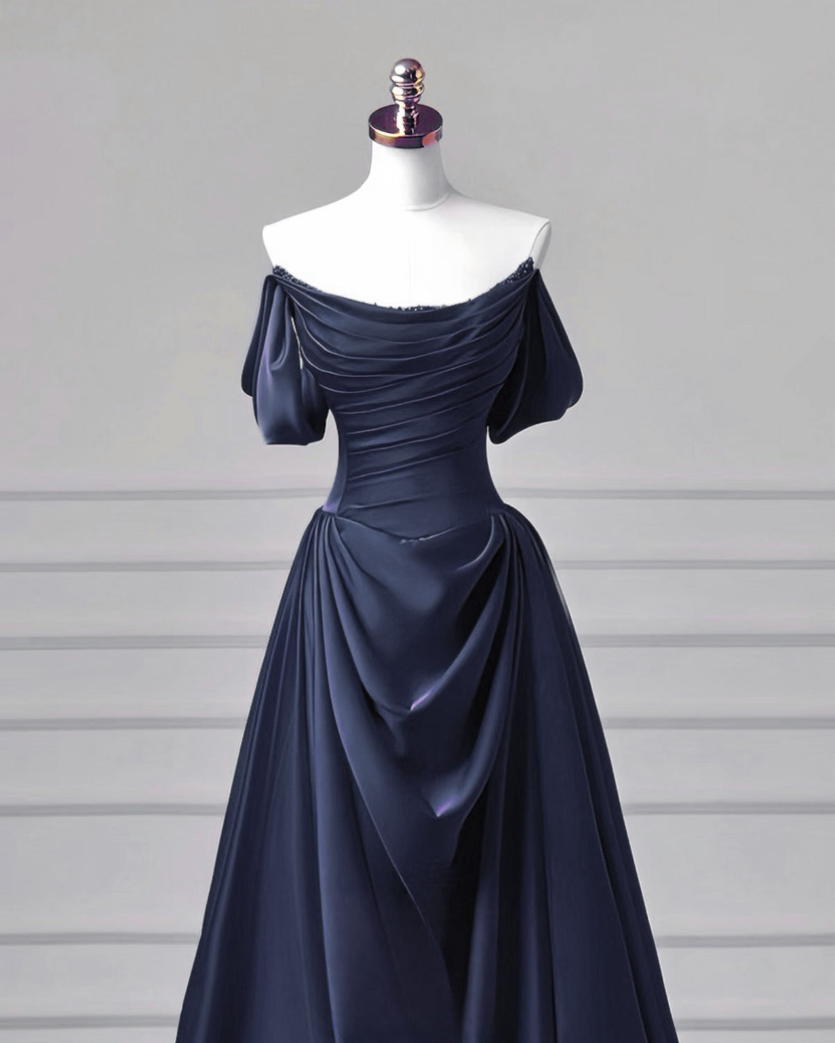 A-Line Spoon Neck off Shoulder Sweep Train Dark Blue Long Prom Dress