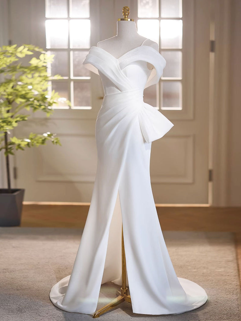 White Off Shoulder Satin Long Prom Dress, White Formal Dress US 8 / White