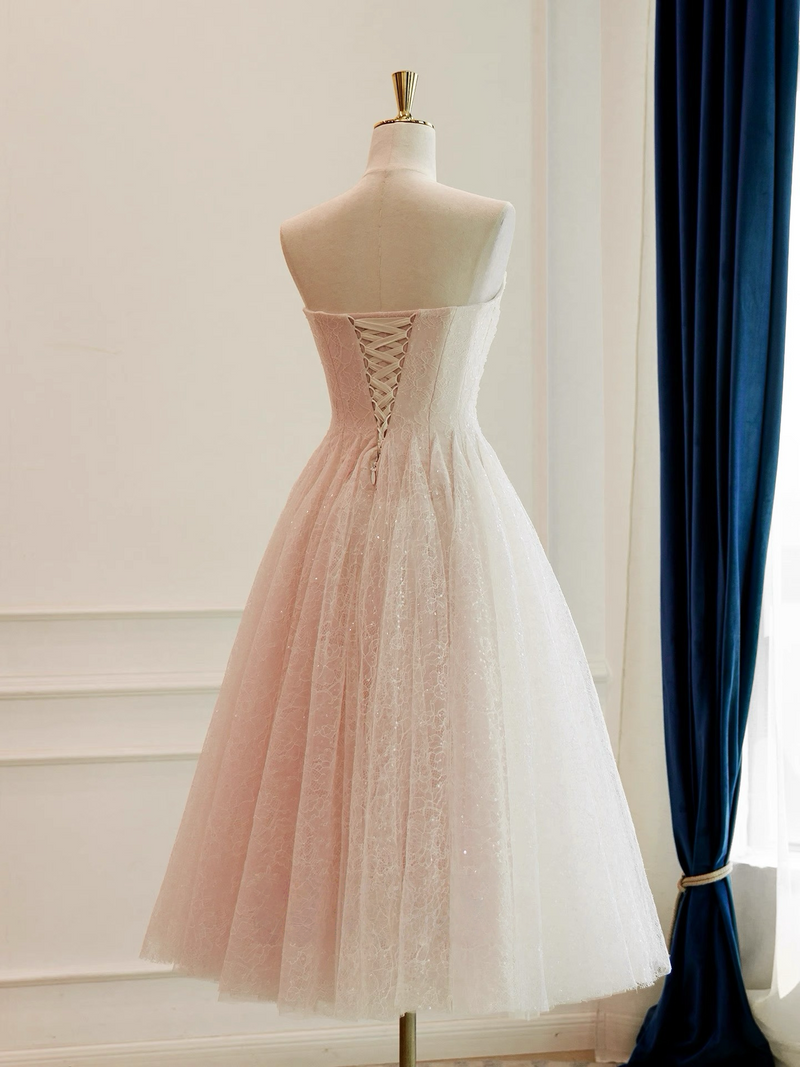 A-Line Tulle Lace Short Prom Dress, Light Champagne Homecoming Dress – shopluu