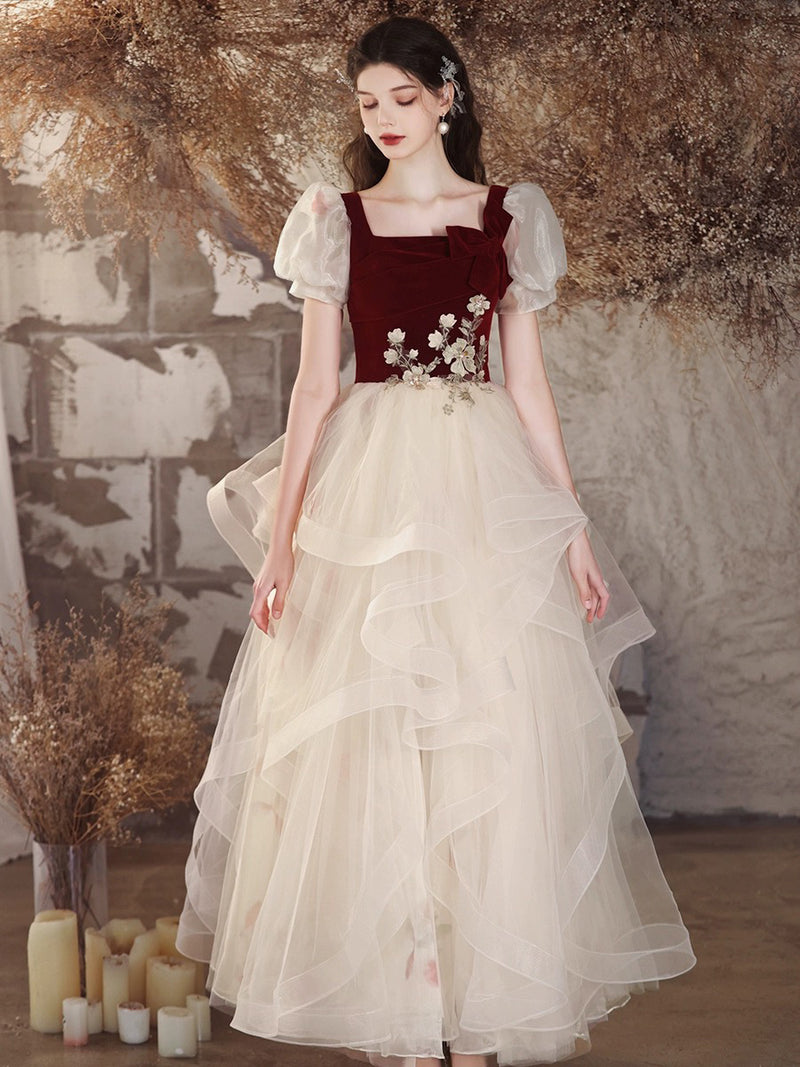 Burgundy Velvet and Champagne Tulle Long Prom Dress, Lovely A-Line Short Sleeve Evening Party Dress US 2 / Burgundy and Champagne Burgundy Velvet and Champagne Tulle Long Prom Dress, Lovely A-Line Short Sleeve Evening Party Dress US 2 / Burgundy and Champagne