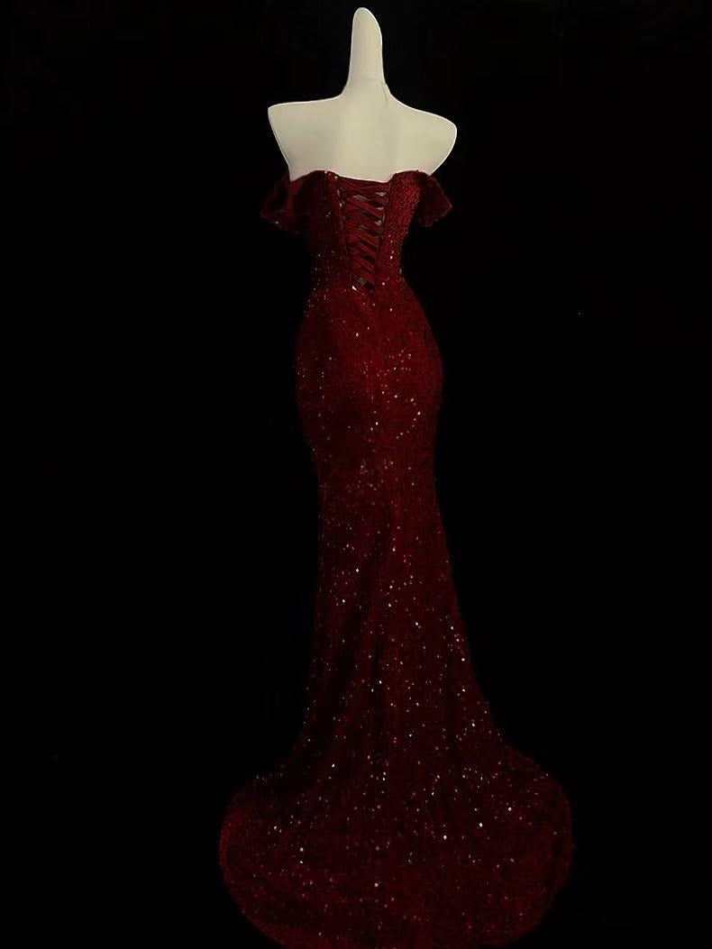 Mermaid Sweetheart Off Shoulder Velvet Sequin Burgundy Long Prom Dress
