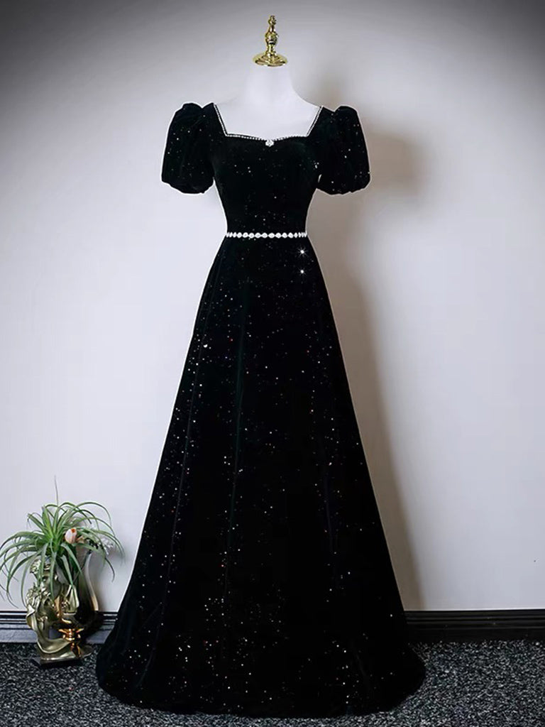 A-Line Puff Sleeves Floor Length Velvet Prom Dress With Beads