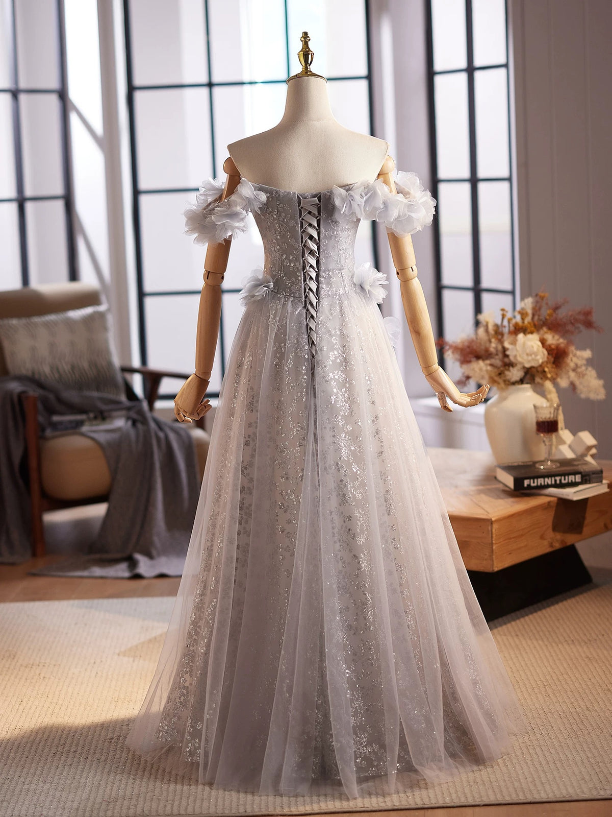 A-Line Off Shoulder Tulle Flower Applique Gray Long Prom Dress