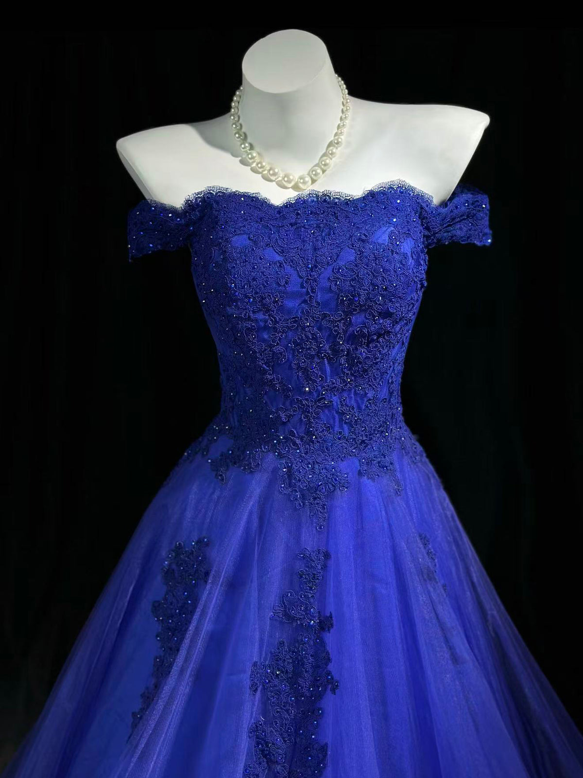 Elegant Off Shoulder Tulle Lace Blue Long Prom Dress with Lace Applique