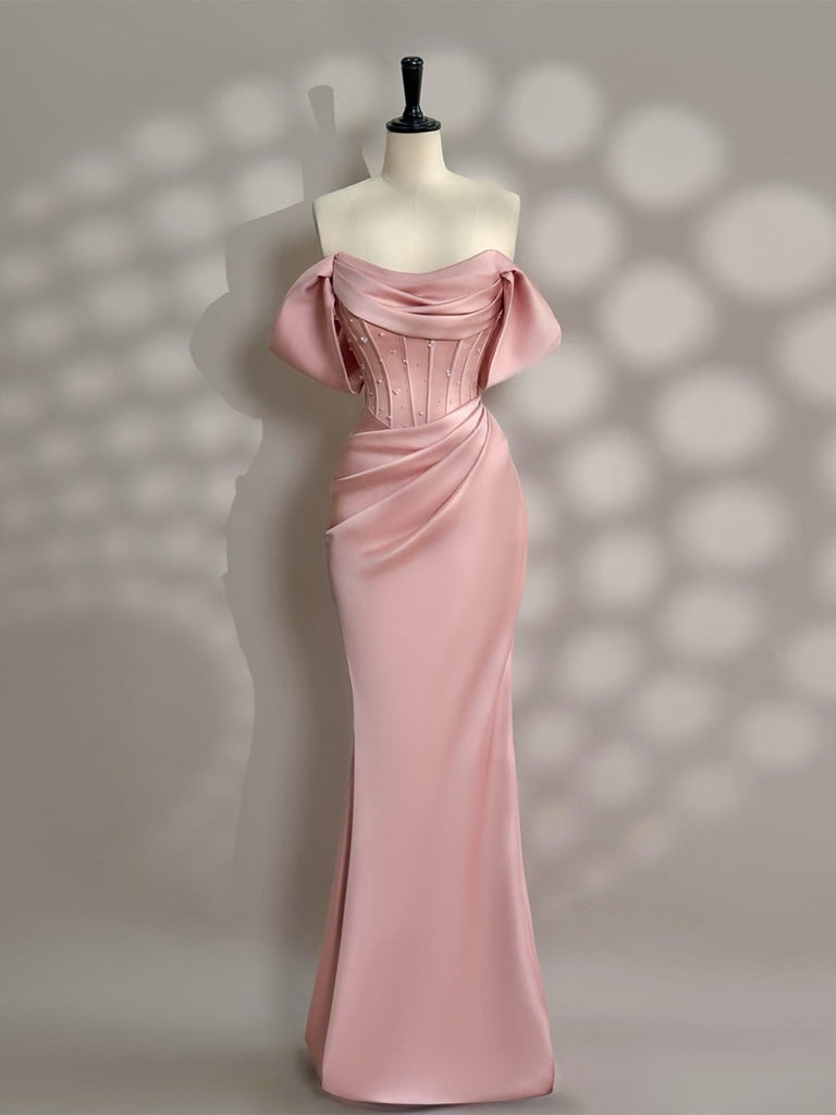Mermaid Off Shoulder Satin Floor Length Pink Prom Dress with Beads