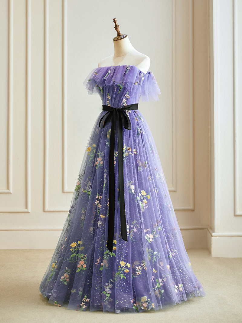 purple flower prom dress A-Line Tulle Lace Purple Long Prom Dress, Purple Long Formal Dress US 4 / Purple