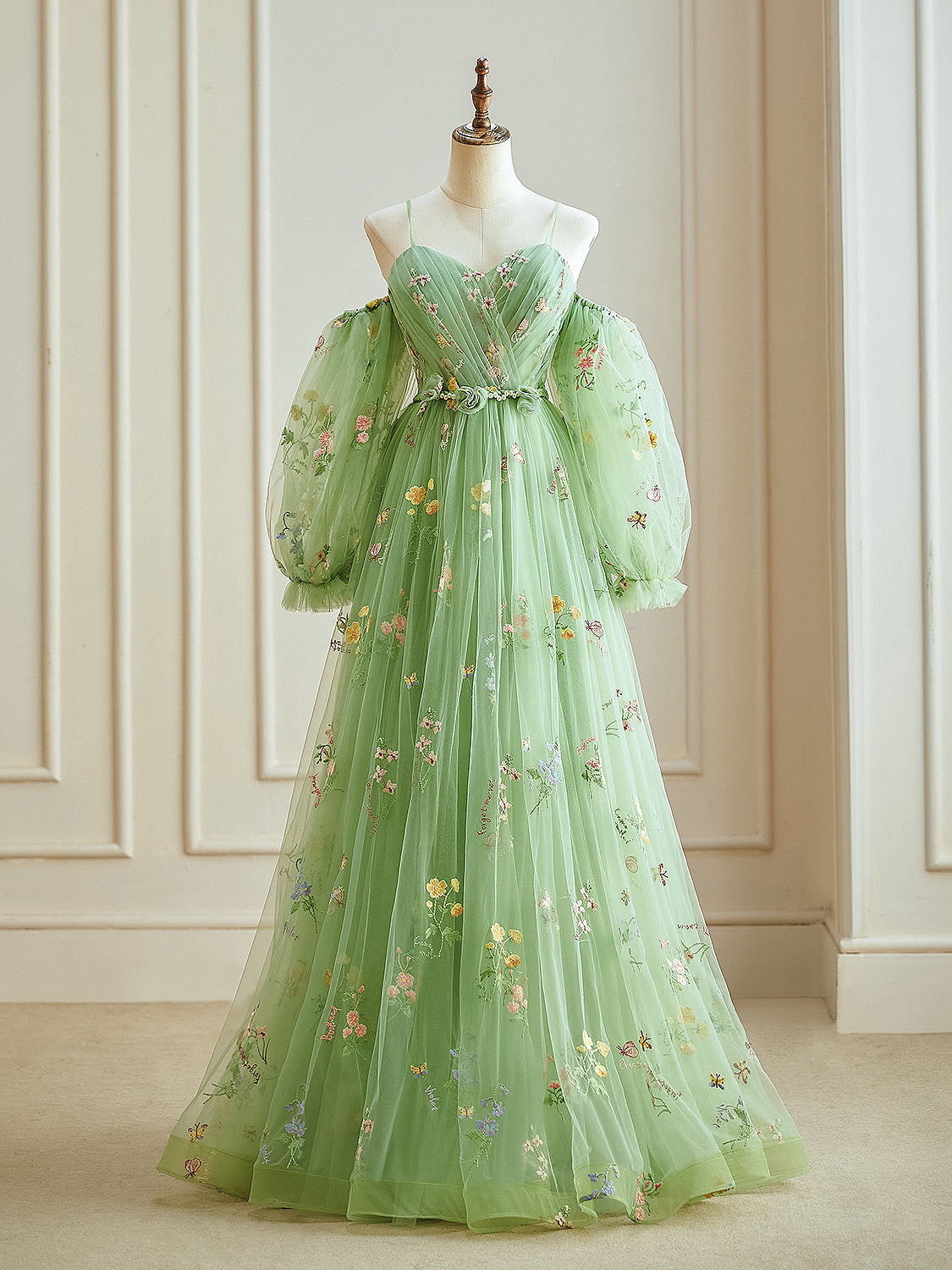 green dress sweetheart neckline A Line Neck Long Sleeves Tulle Long Prom Dress, Long Green Formal Evening Dress, Custom Size / Green as Pics / No Rush azazie green swatches