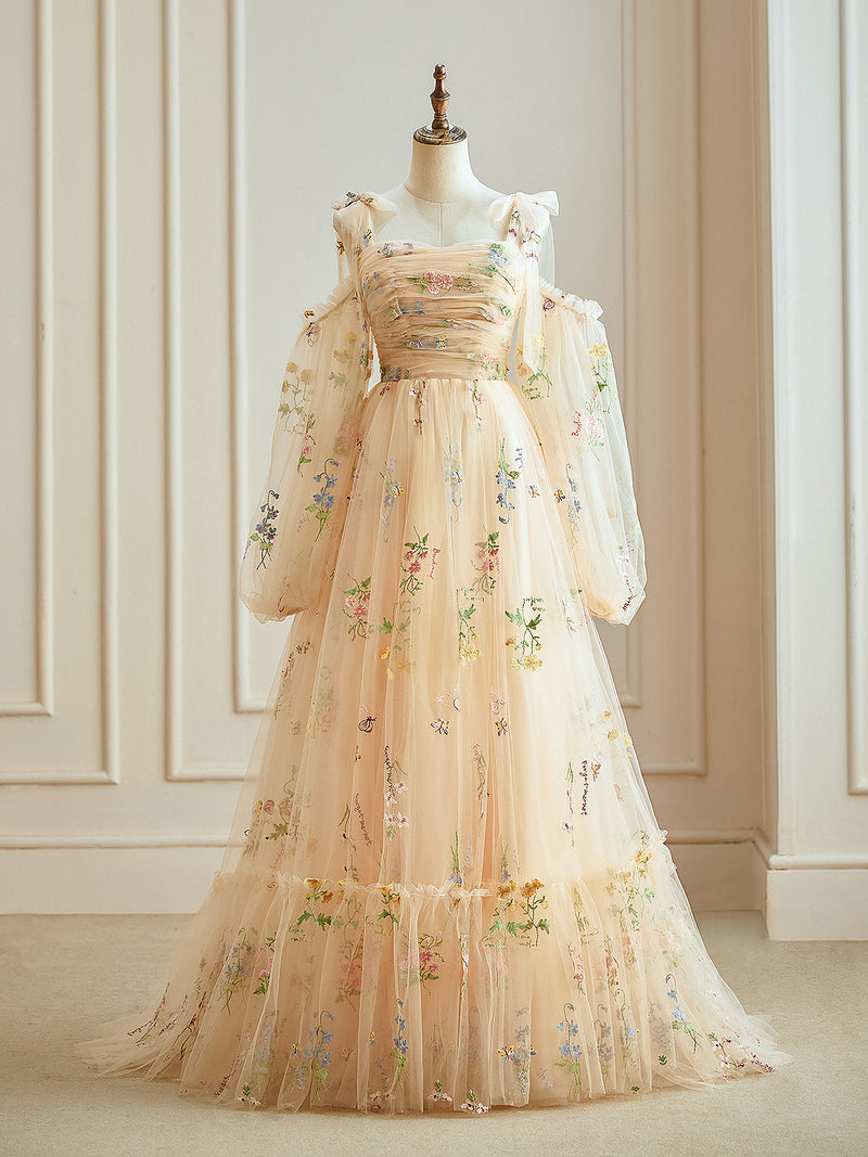 A-Line Champagne Tulle Lace Long Sleeves Prom Dress, Champagne Long Ev shopluu A-Line Champagne Tulle Lace Long Sleeves Prom Dress, Champagne Long Ev shopluu