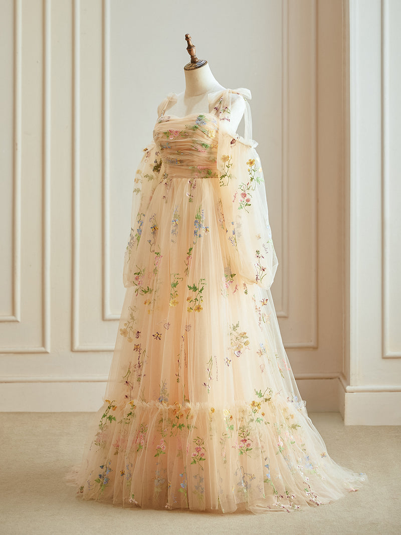 A-Line Champagne Tulle Lace Long Sleeves Prom Dress, Champagne Long Ev shopluu A-Line Champagne Tulle Lace Long Sleeves Prom Dress, Champagne Long Ev shopluu