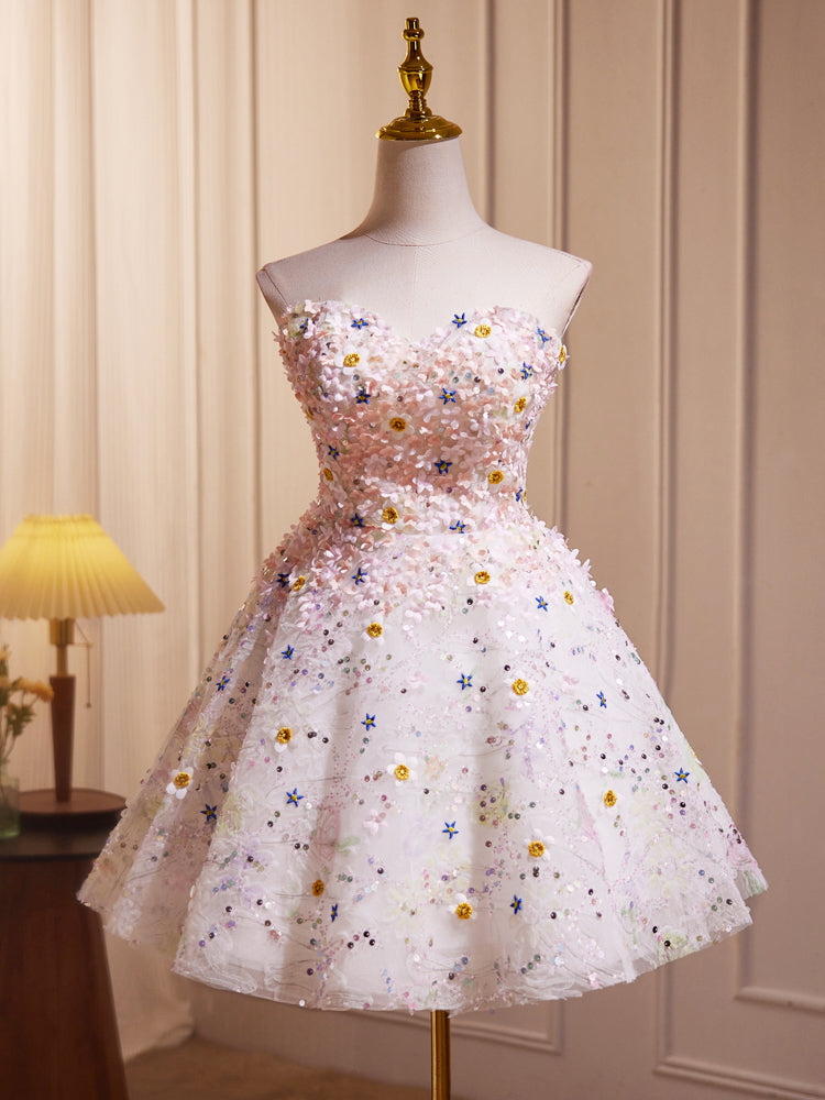A-Line Sweetheart Neck Tulle Flower Light Pink Short Prom Dress, Light shopluu A-Line Sweetheart Neck Tulle Flower Light Pink Short Prom Dress, Light shopluu