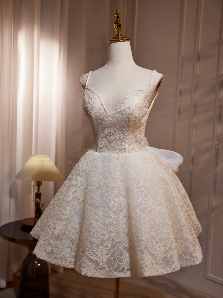 A-Line V Neck Lace Champagne Short Prom Dress, Champagne Homecoming Dr shopluu A-Line V Neck Lace Champagne Short Prom Dress, Champagne Homecoming Dr shopluu