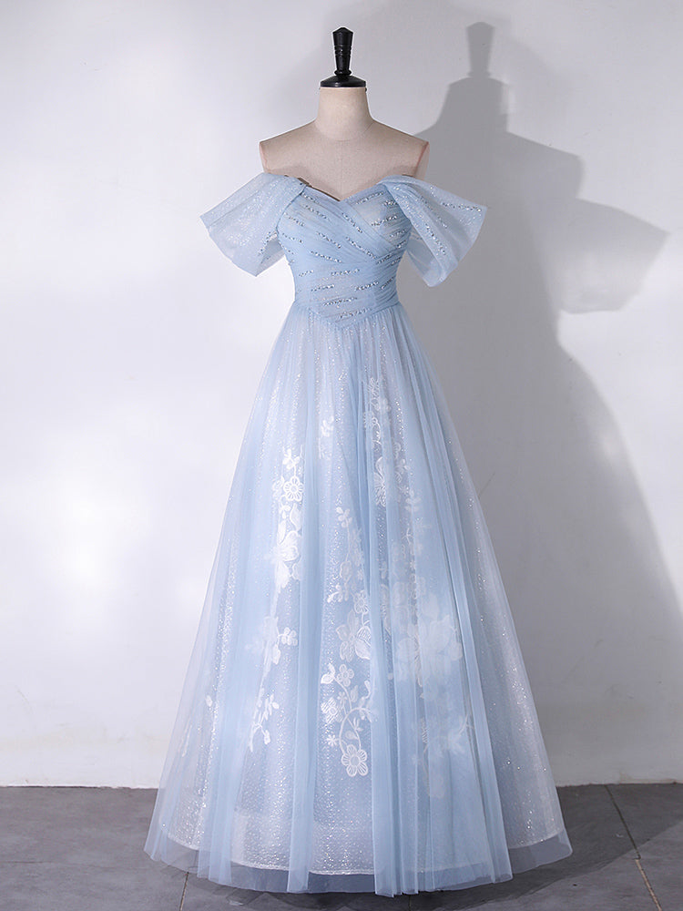 A-Line Off Shoulder Tulle Lace Blue Long Prom Dress, Blue Long Formal Dress US 14 / Custom Color A-Line Off Shoulder Tulle Lace Blue Long Prom Dress, Blue Long Formal Dress US 14 / Custom Color