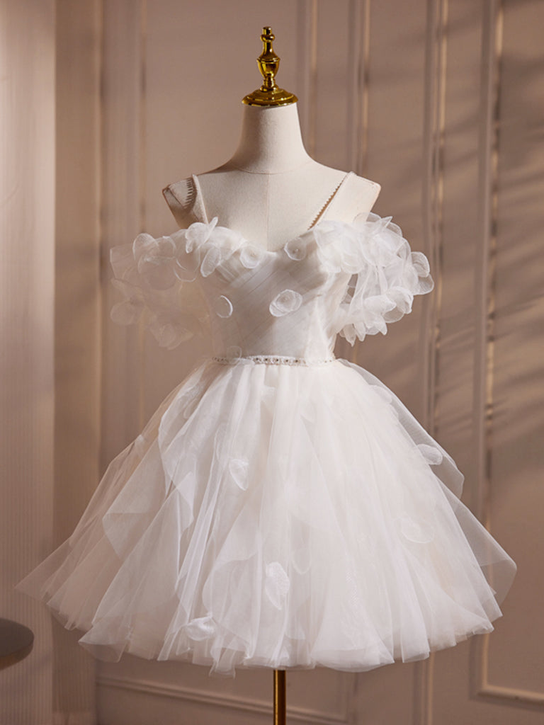 Ivory Spaghetti Strap Tulle Short Prom Dress, Lovely A-Line Evening Party Dress US 12 / Ivory Ivory Spaghetti Strap Tulle Short Prom Dress, Lovely A-Line Evening Party Dress US 12 / Ivory
