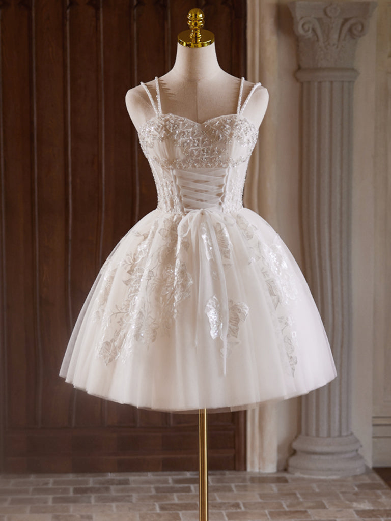 A-Line Sweetheart Neck Tulle Lace Light Champagne Short Prom Dress with Beads Custom Size / Light Champagne A-Line Sweetheart Neck Tulle Lace Light Champagne Short Prom Dress with Beads Custom Size / Light Champagne