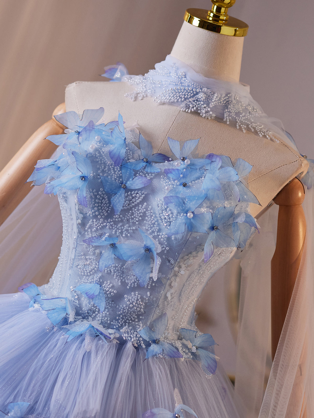 A-Line Tulle Flower Blue Long Prom Dress, Blue Long Evening Dress