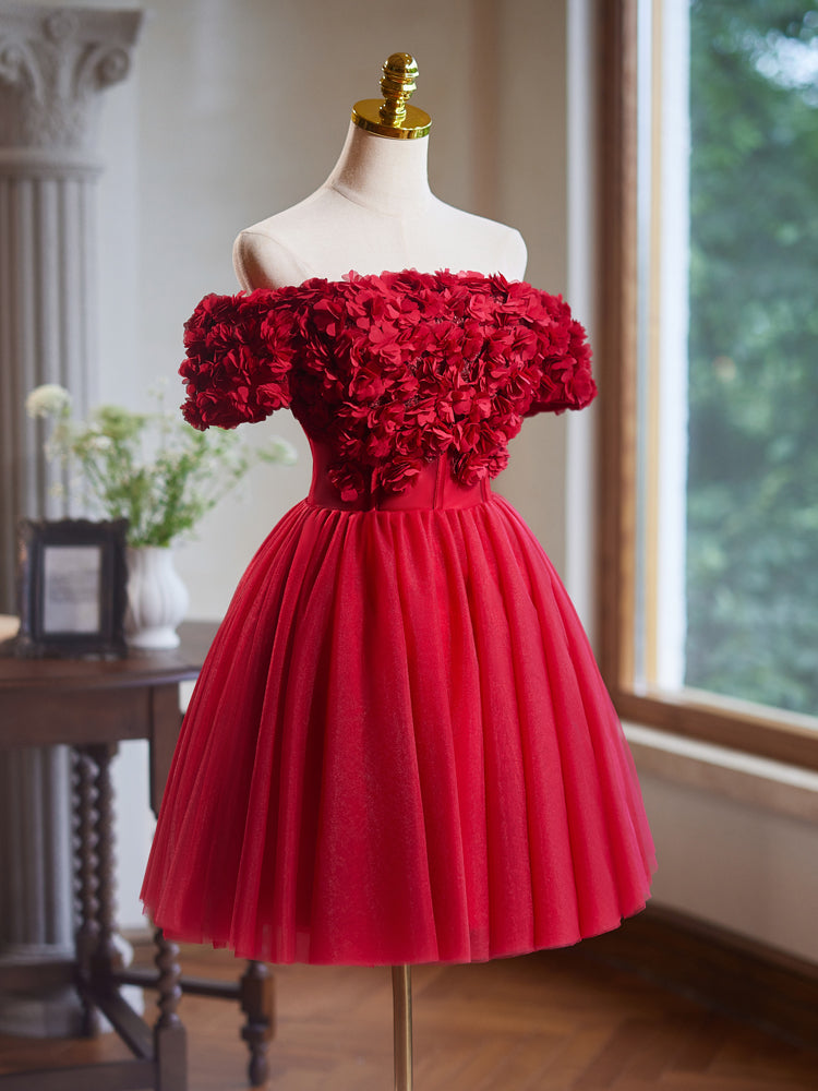 Princess Off Shoulder Red Prom Dresses With 3D Flowers, Short Red Homecoming Dresses, US 16 / Picture Color / With Rush+$19.99 Princess Off Shoulder Red Prom Dresses With 3D Flowers, Short Red Homecoming Dresses, US 16 / Picture Color / With Rush+$19.99
