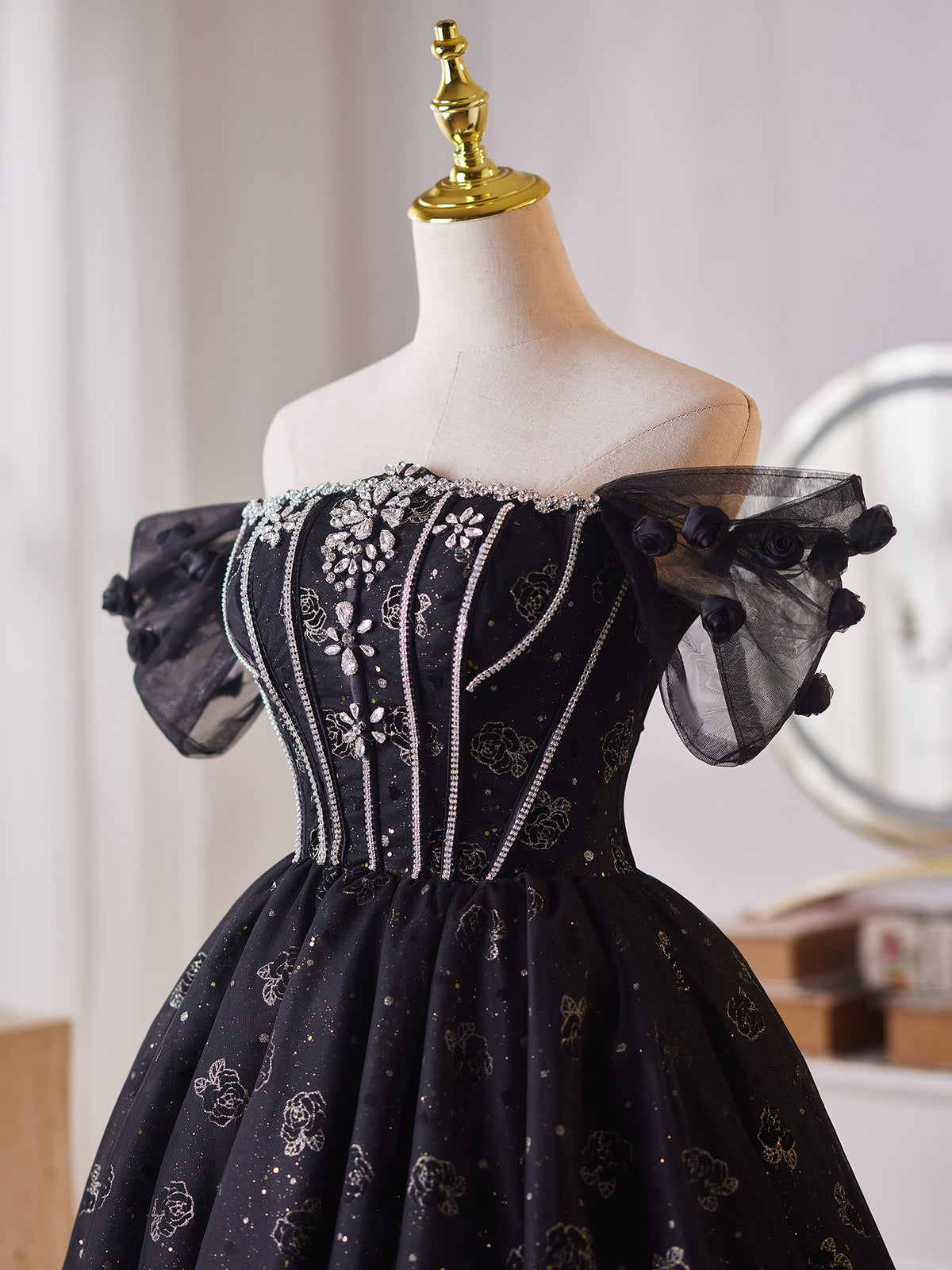 A-Line Off Shoulder Tulle Beads Black Prom Dress, Black Homecoming Dress