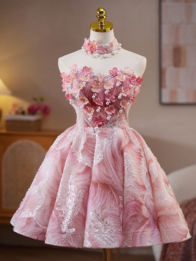 Pink Beads Pearl Sequins Short Party Dress, A-Line Strapless Evening Party Dress US 4 / Pink Pink Beads Pearl Sequins Short Party Dress, A-Line Strapless Evening Party Dress US 4 / Pink